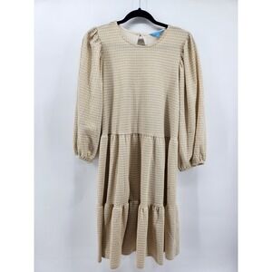 Draper James RSVP Women's Beige Houndstooth Tiered Long‎ Sleeve Dress Size L